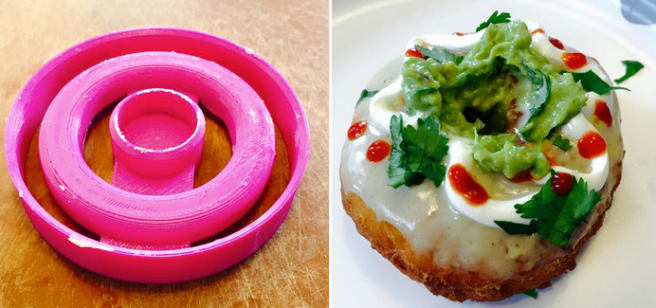 A 3D printed donut cutter was used to produce puffed deep fried taco donuts